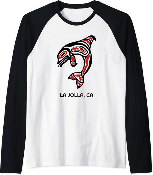 La Jolla, California Native American Orca Killer Whales Gift Raglan Baseball Tee