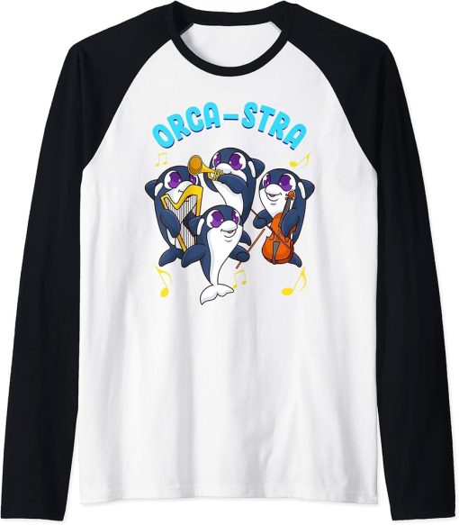 Orchestra Orca-stra Funny Orca Music Lover Whale Raglan Baseball Tee