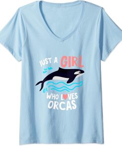 Womens Just a girl who loves Orcas kids orca killer whale V-Neck T-Shirt