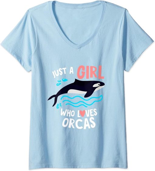 Womens Just a girl who loves Orcas kids orca killer whale V-Neck T-Shirt