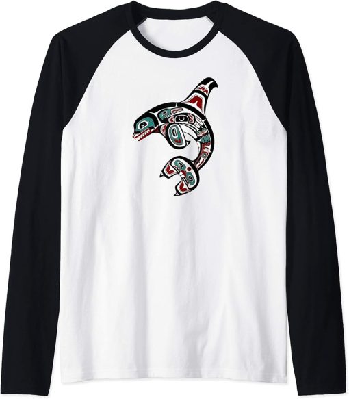 Orca Killer Whale Pacific Northwest Alaska Native American Raglan Baseball Tee